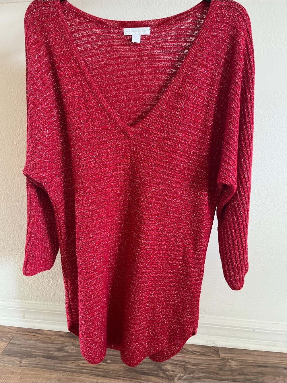New York & Company Deep Red V-Neck Shimmer Knit Sweater